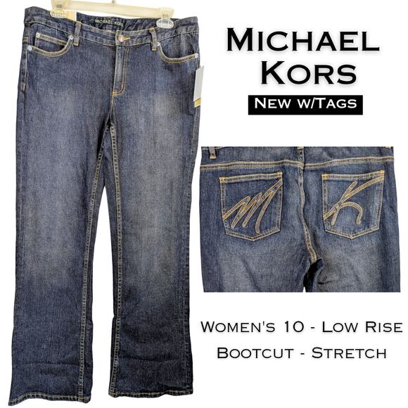 Michael Kors Boot Cut Jeans 10 Blue MK Signature Indigo Mid Rise Stretch NEW - Picture 1 of 11